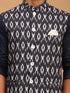 Vastramay Men's Black Ikkat Printed Cotton Nehru Jacket With Navy Blue Kurta And White Pyjama Set